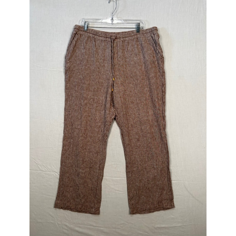 Ellen Tracy Linen Striped Straight Leg Pants Brown White Drawstring Womens 2985